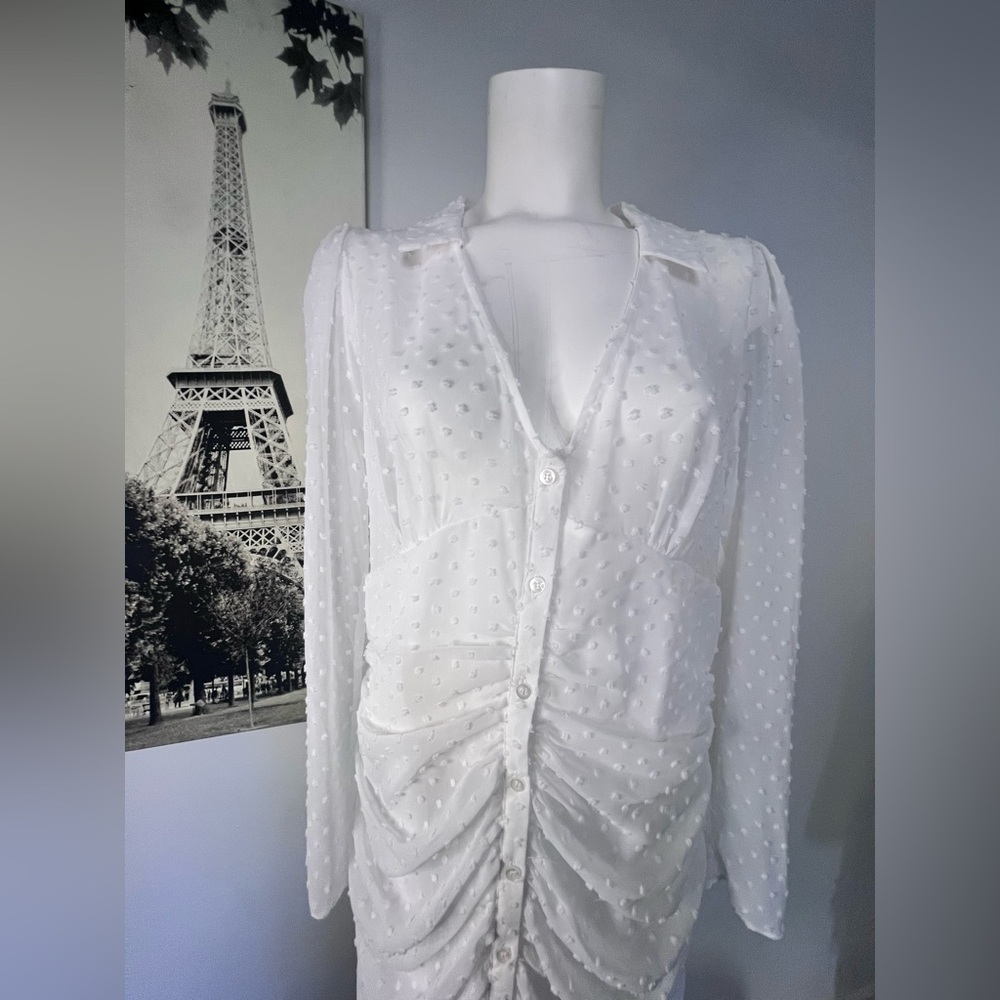 Chic White Ruched Dress with Sheer Sleeves - Picture 10 of 13